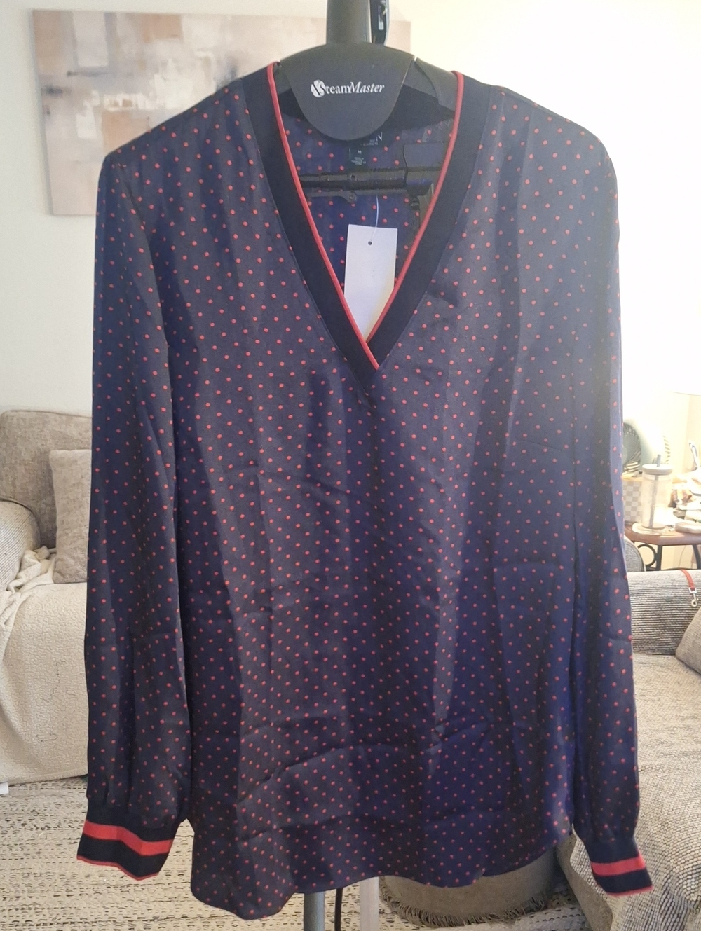 NWT Lauren Ralph Lauren Navy V-Neck Blouse with Red Polka Dots